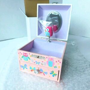 NEW Floss & Rock Musical Jewelry Box Owl, Drawer Pink Mirror Hinged Lidded NIB